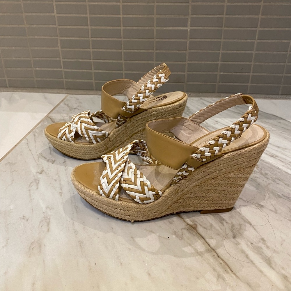 MRKT - beige wedge sandals with woven white and beige straps. Size 6